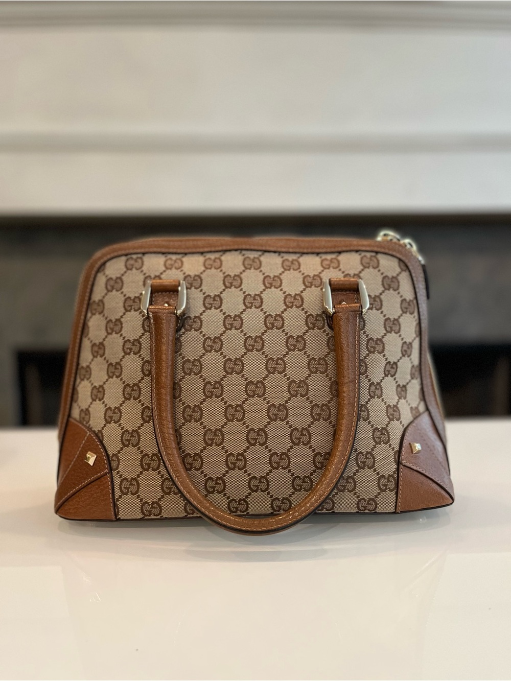 Gucci Vintage GG Monogram Canvas Leather Top Handle Boston Bag